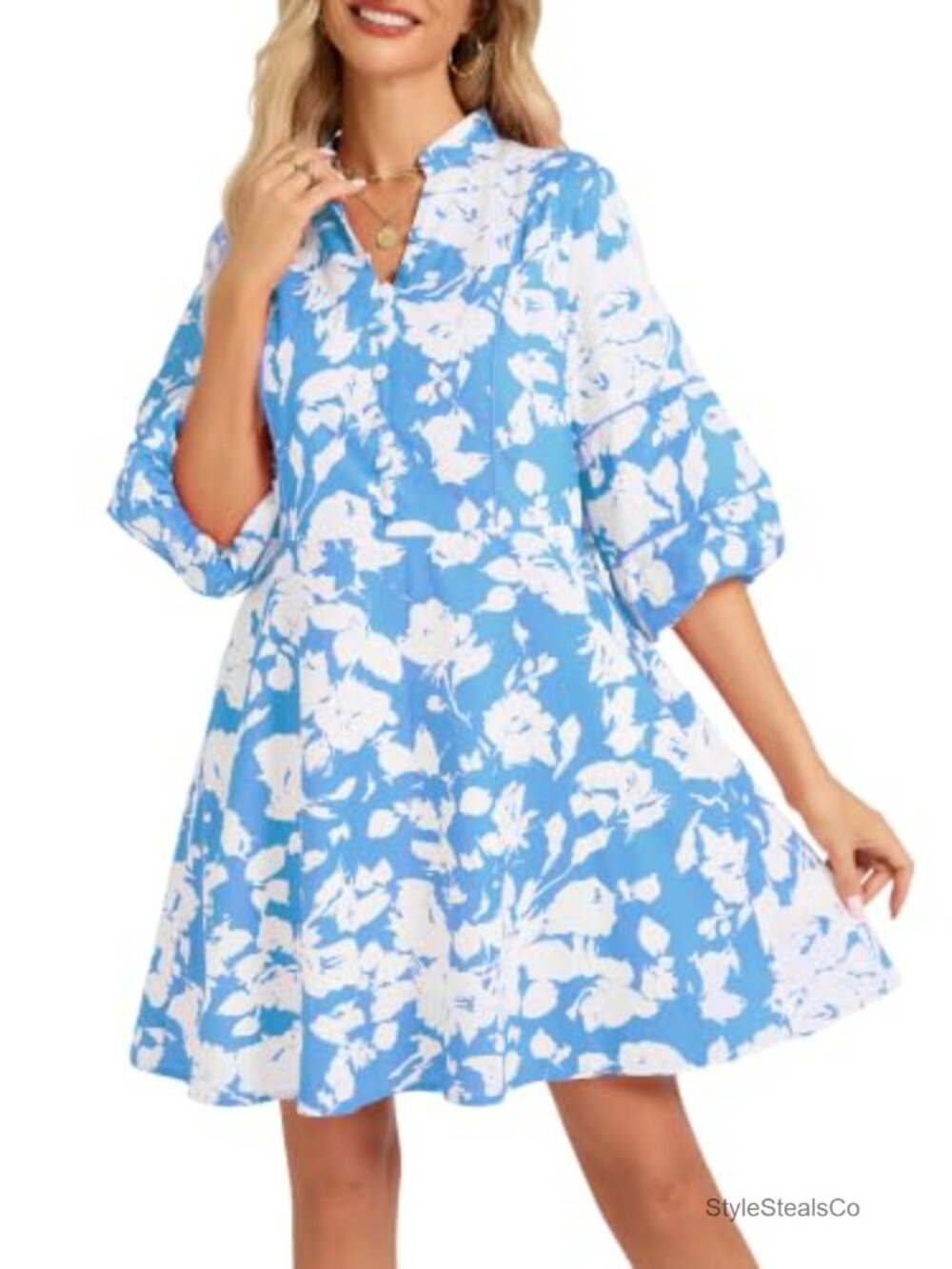 Women's Floral Mini Dress V Neck Babydoll Shift with Pockets